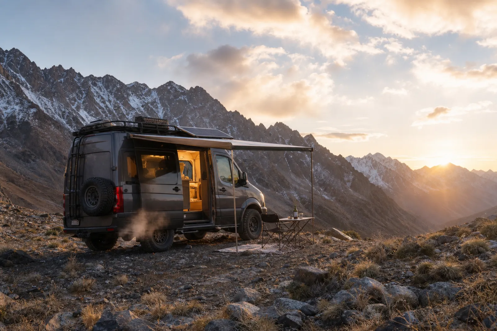 Overlanding camper van parked at high altitude mountain campsite at sunset, diesel heater exhaust visible, dramatic alpine scenery