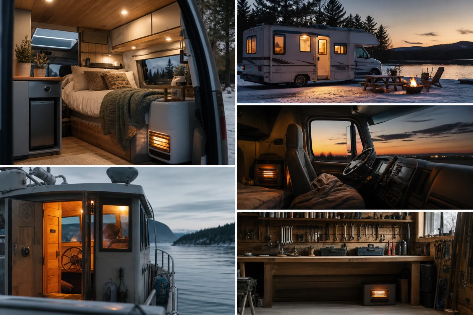 Collage of diesel heater applications: van, RV, truck cab, fishing boat, workshop garage, each scene warm and cozy