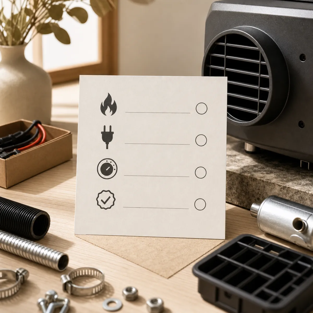 Checklist graphic for diesel heater buyer: output power, voltage, controls, certifications listed on clean minimal card design