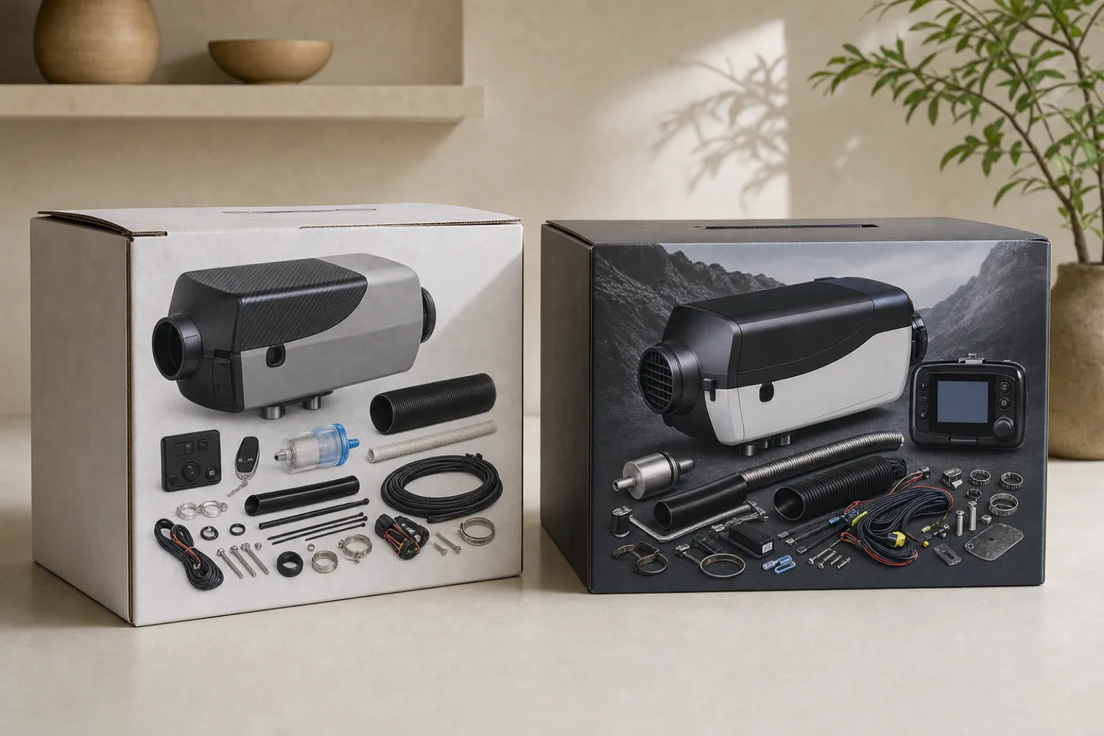 Two diesel heater product boxes side by side: budget Chinese all-in-one kit and premium European LCD model, premium product photography