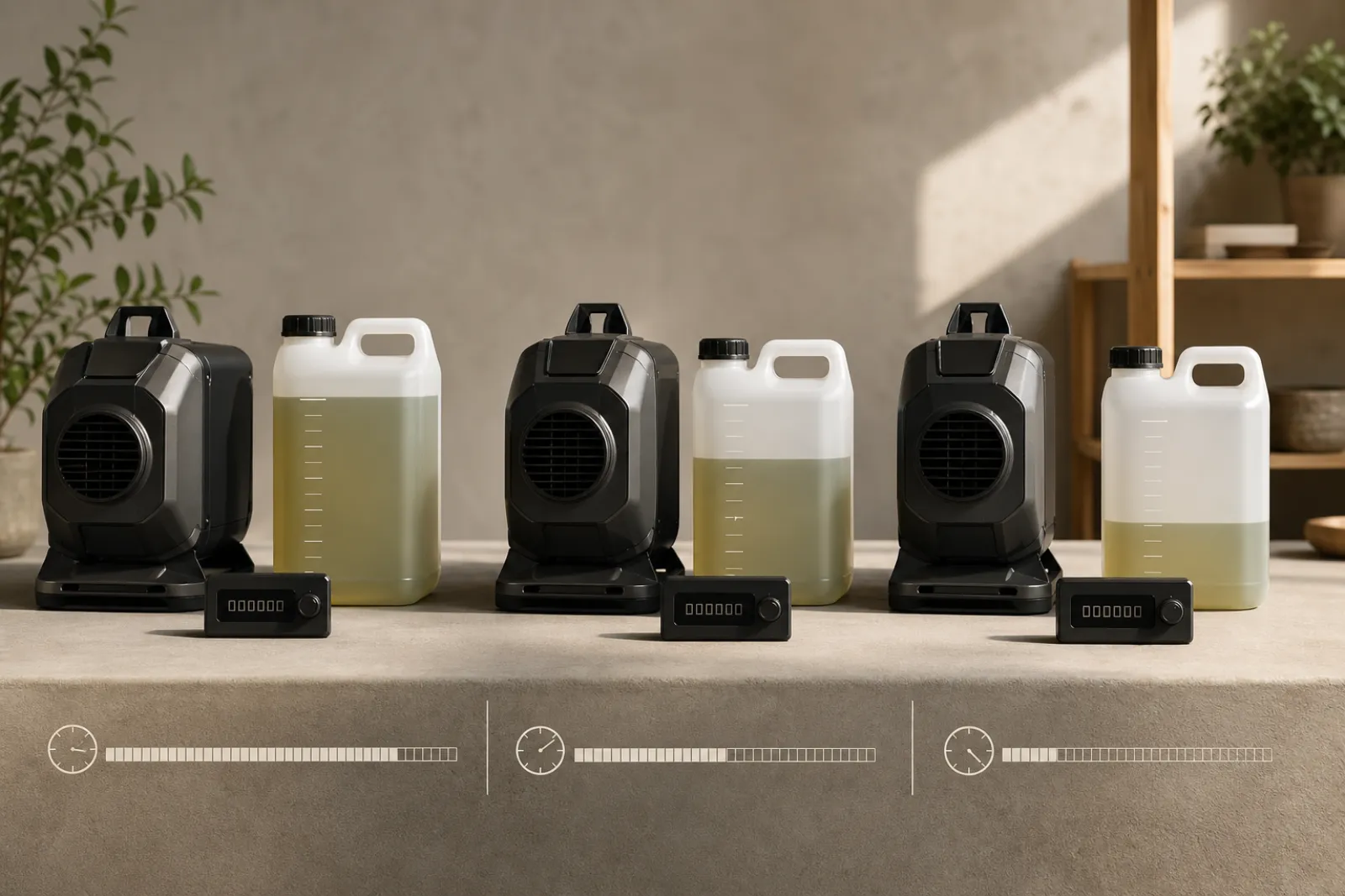 Fuel consumption infographic showing diesel heater runtime at 2kW, 5kW, 8kW settings, fuel canisters with hour counters, clean minimal design