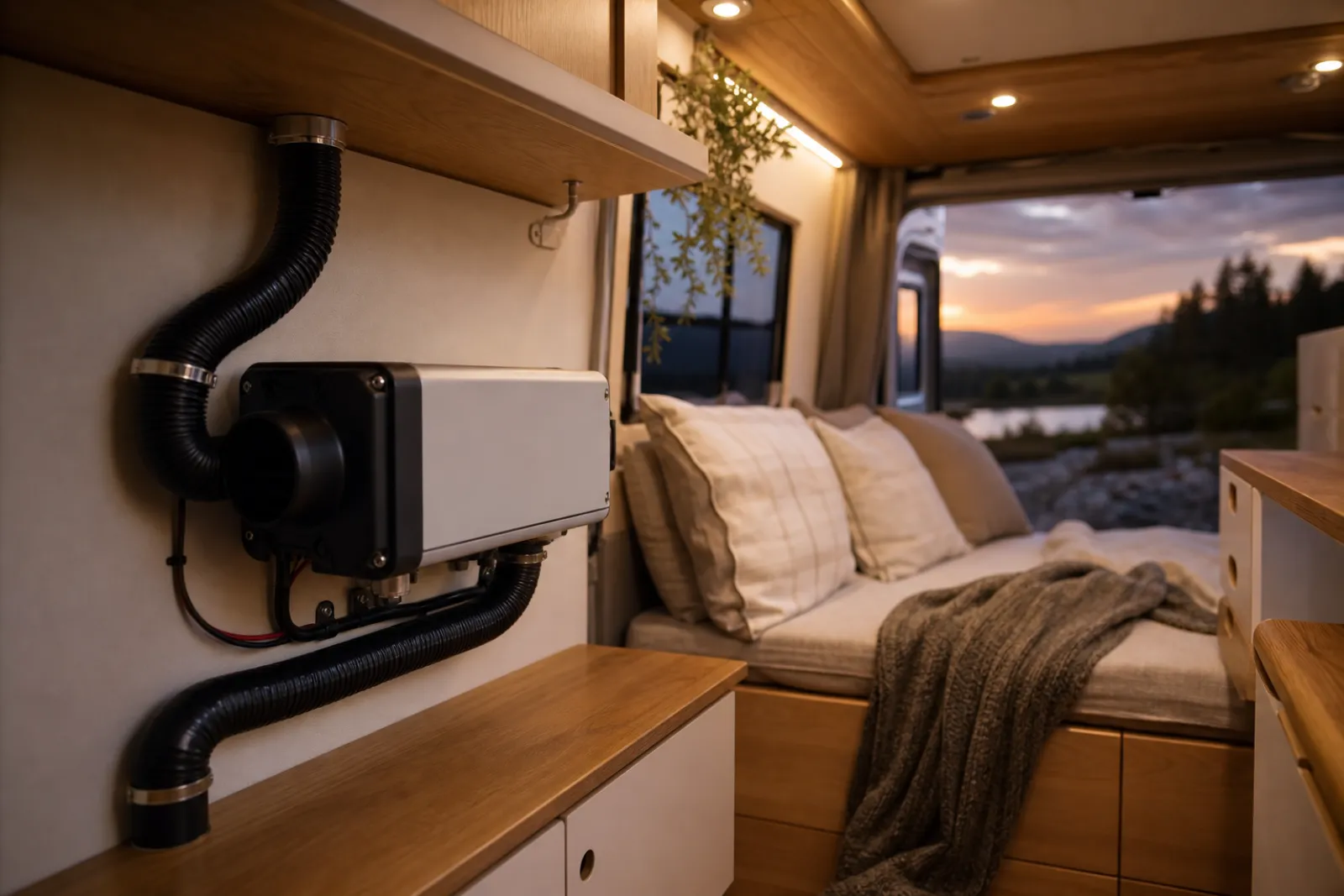 12V diesel air heater installed inside a modern camper van with warm amber cabin lighting, cozy interior at dusk, heater unit mounted on wall, ducts visible