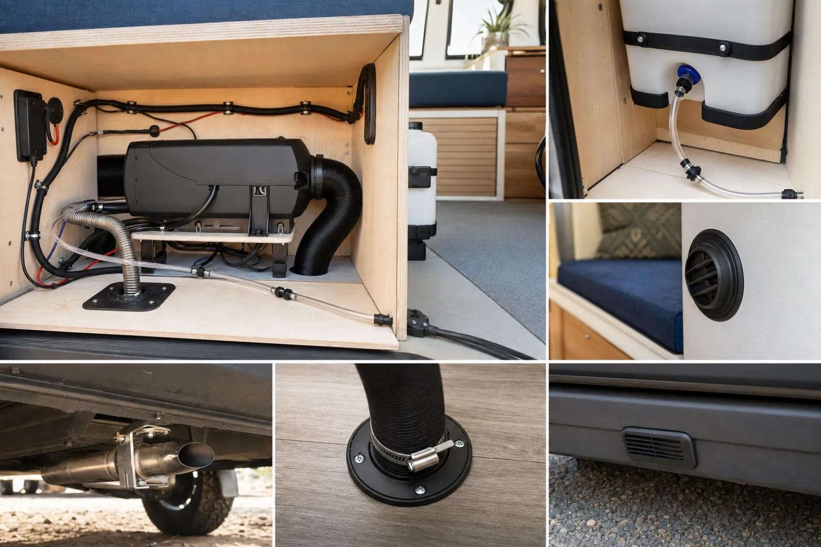 DIY diesel heater installation process in camper van showing fuel line routing, exhaust pipe through floor, air duct to cabin