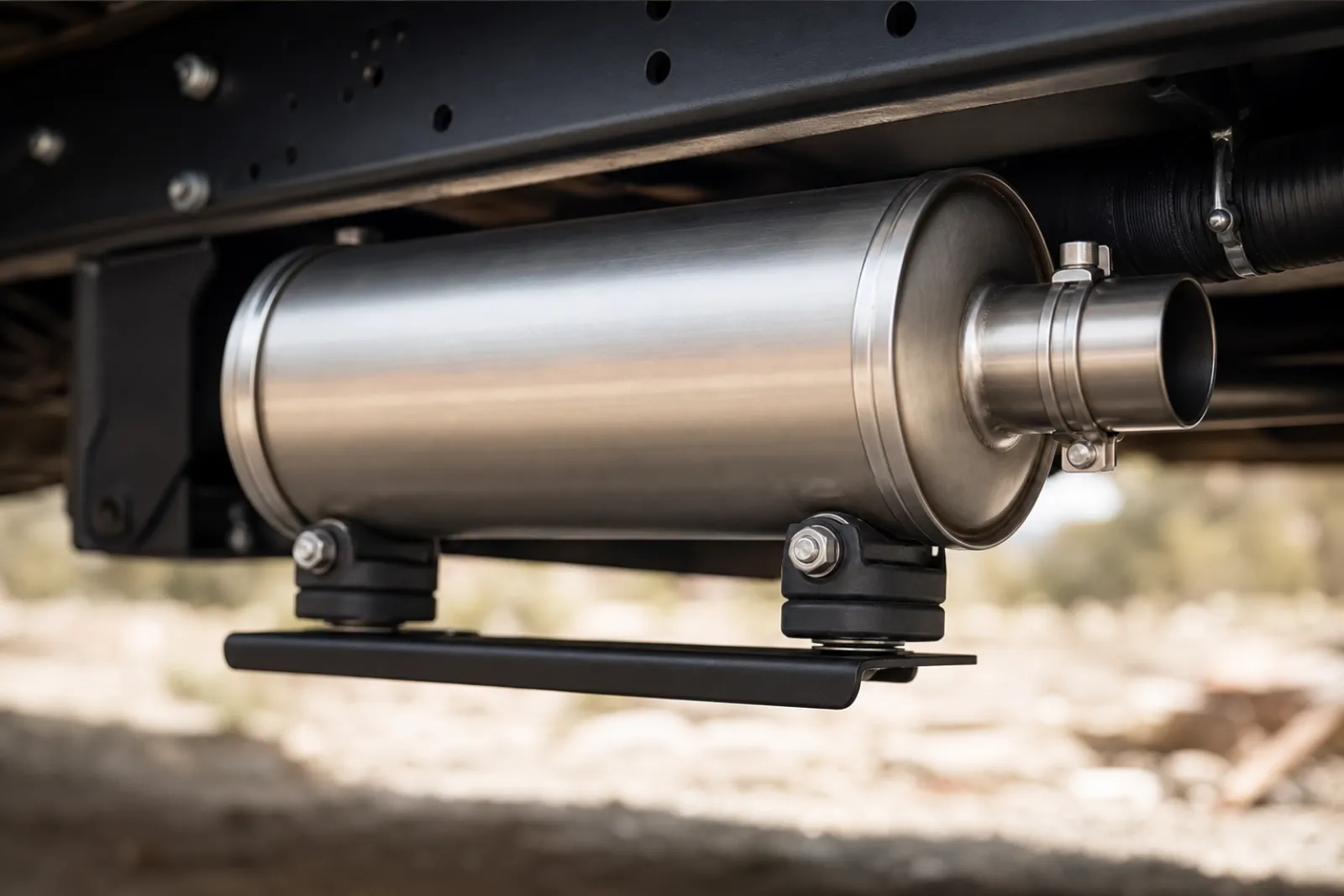 Close-up detail of diesel heater exhaust muffler and rubber vibration-isolated mounting bracket, technical product photography