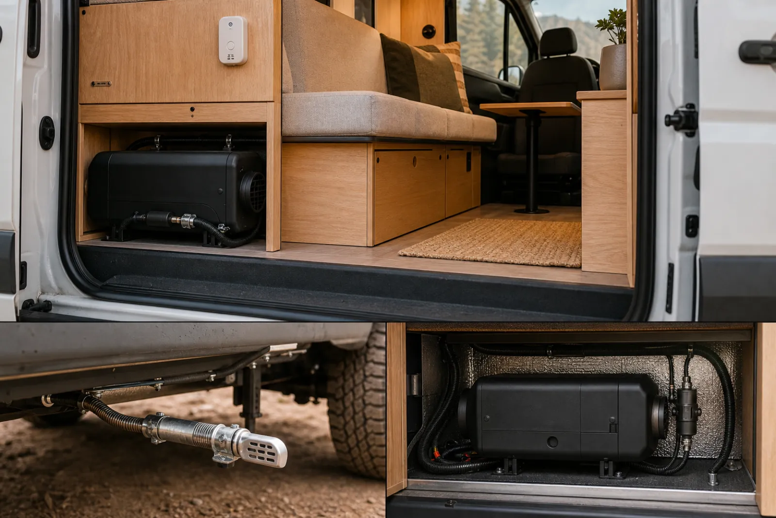 Sealed combustion diesel heater installation showing exhaust pipe routed to exterior of a van, CO detector mounted on cabin wall, safety-focused composition