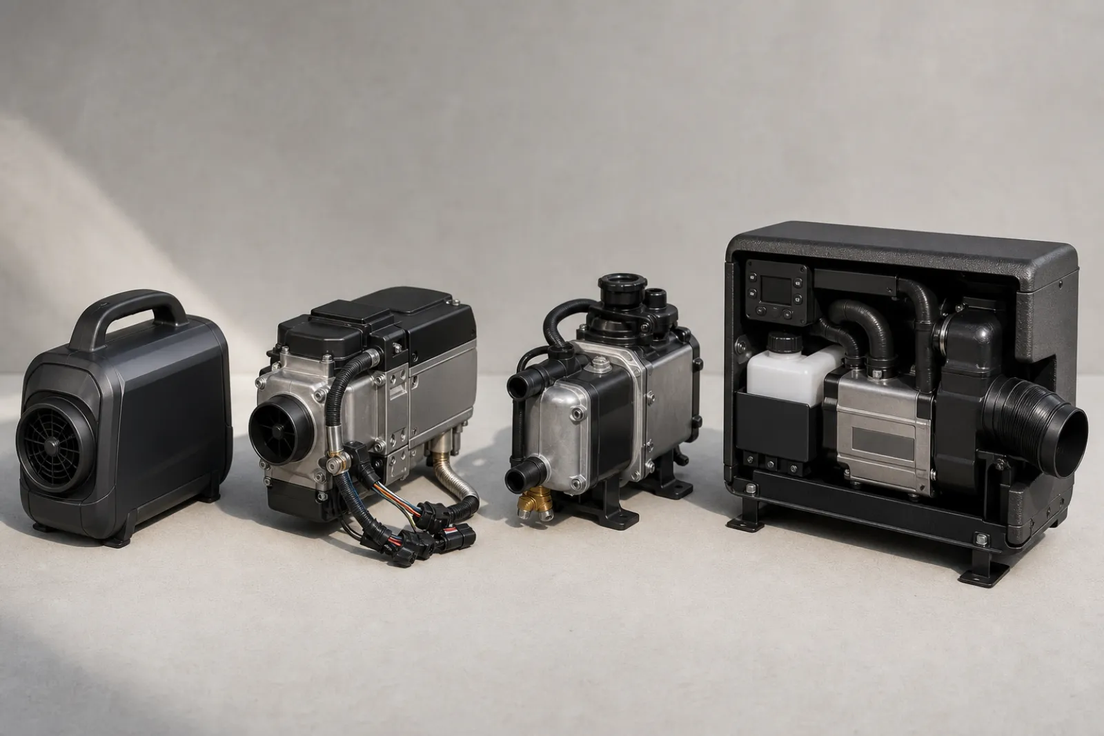Four types of diesel heaters lined up side by side: portable unit, fixed parking heater, hydronic water heater, all-in-one kit box, clean product photography on light grey background