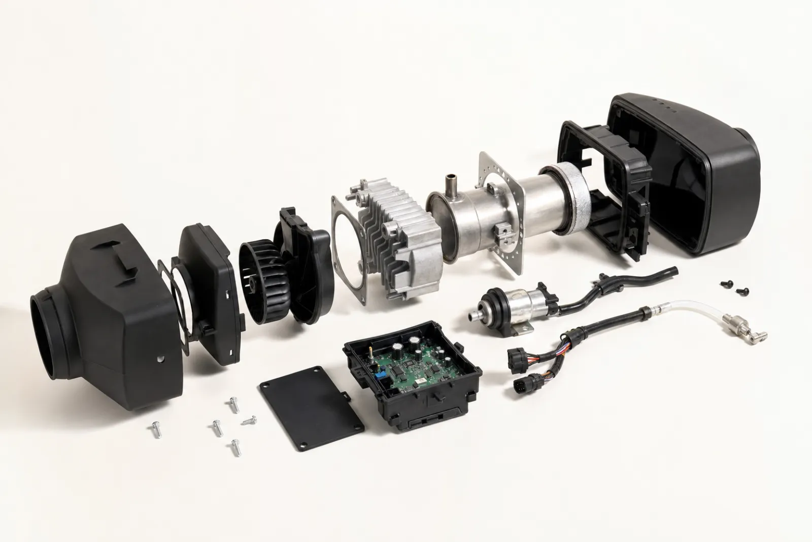 Technical cutaway exploded-view diagram of a diesel air heater showing internal components: combustion chamber, heat exchanger, air intake, fuel pump, control unit, clean white background